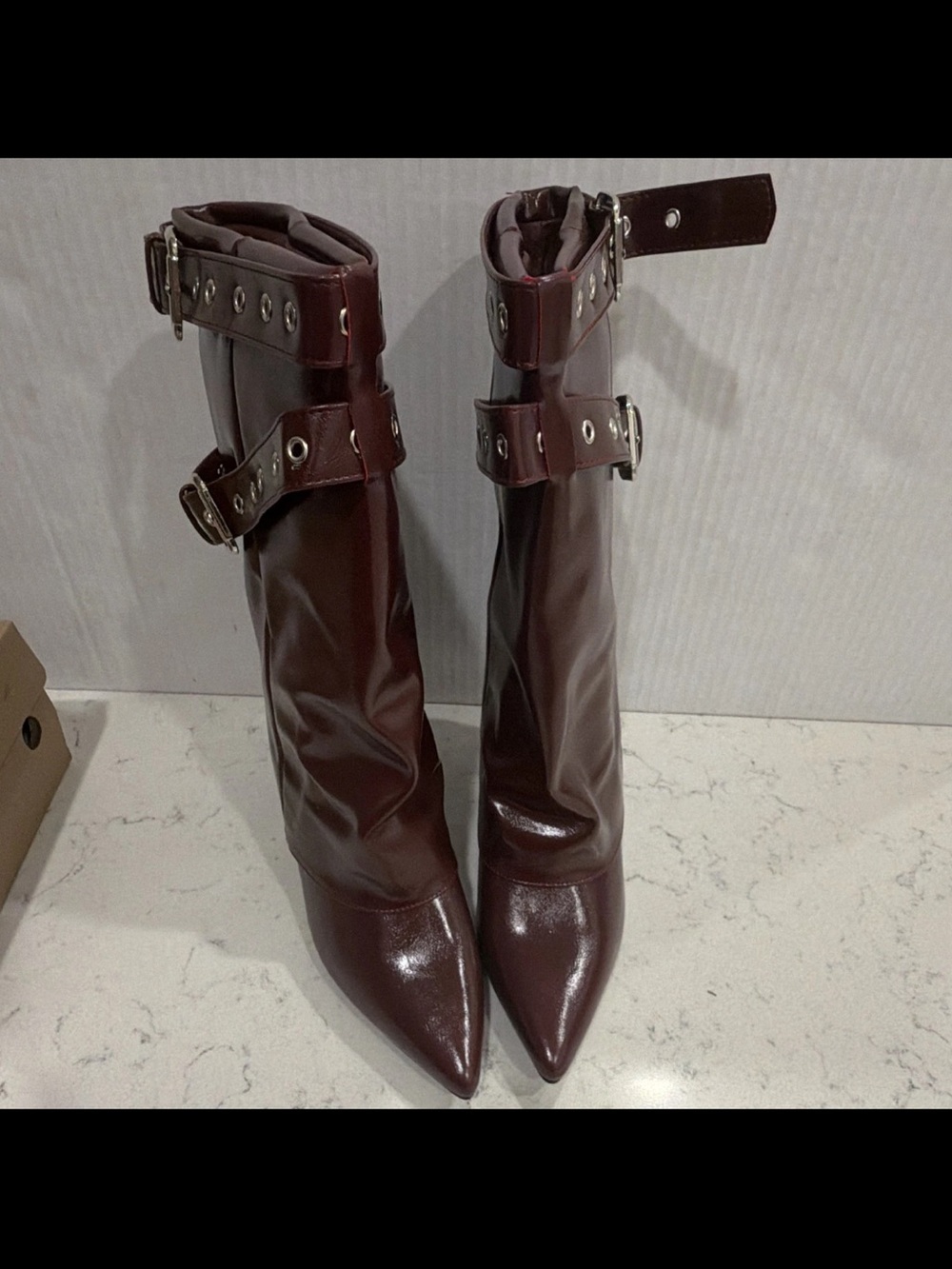 Newbella Women's Pointed-Toe Buckle Mid-Calf Boots in Burgundy Size 7